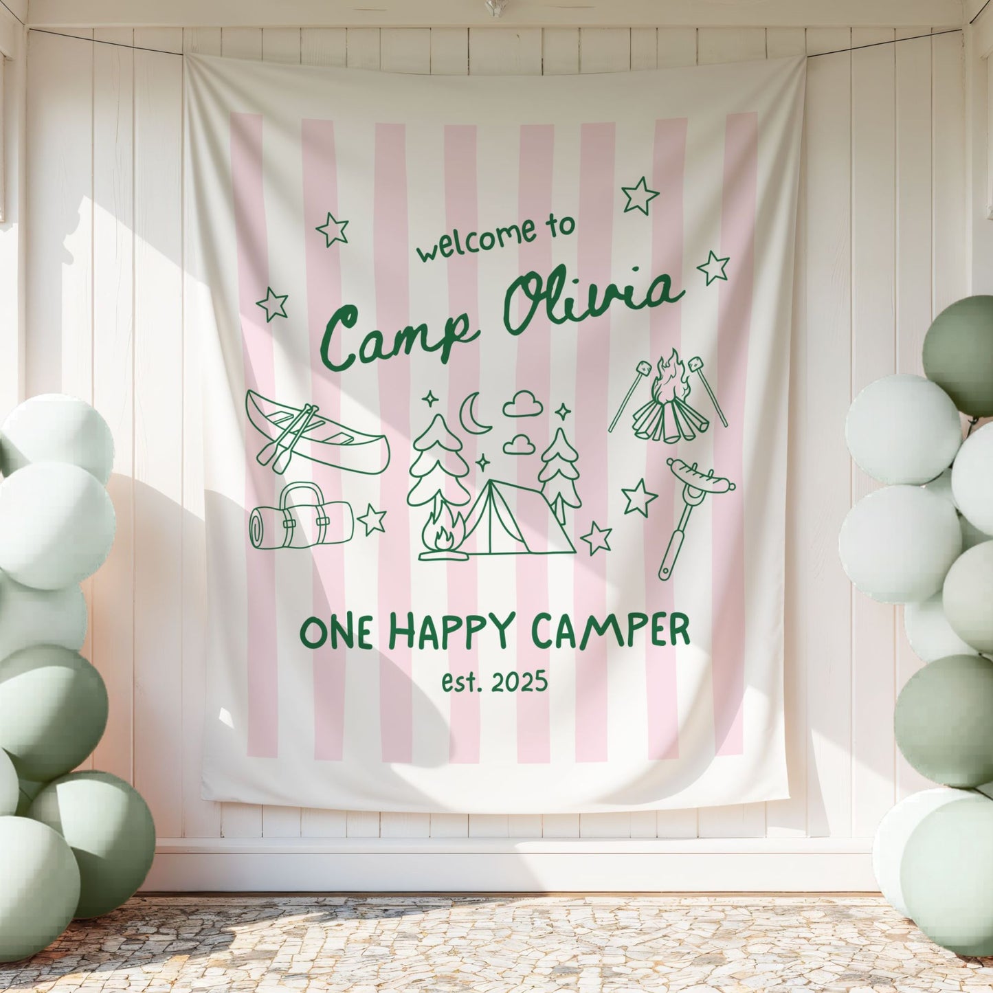 Personalized Pink One Happy Camper Birthday Backdrop