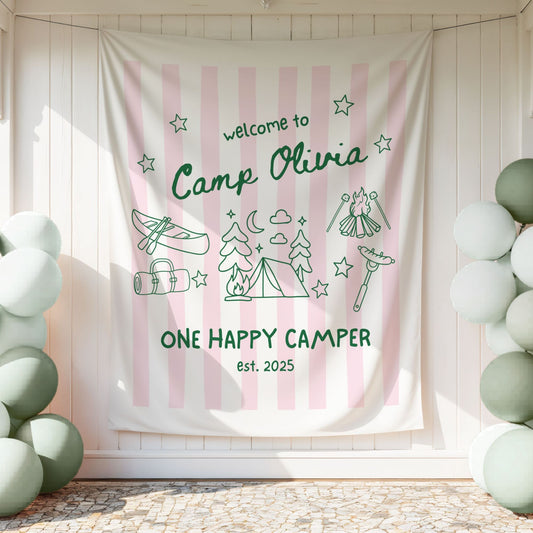 Personalized Pink One Happy Camper Birthday Backdrop