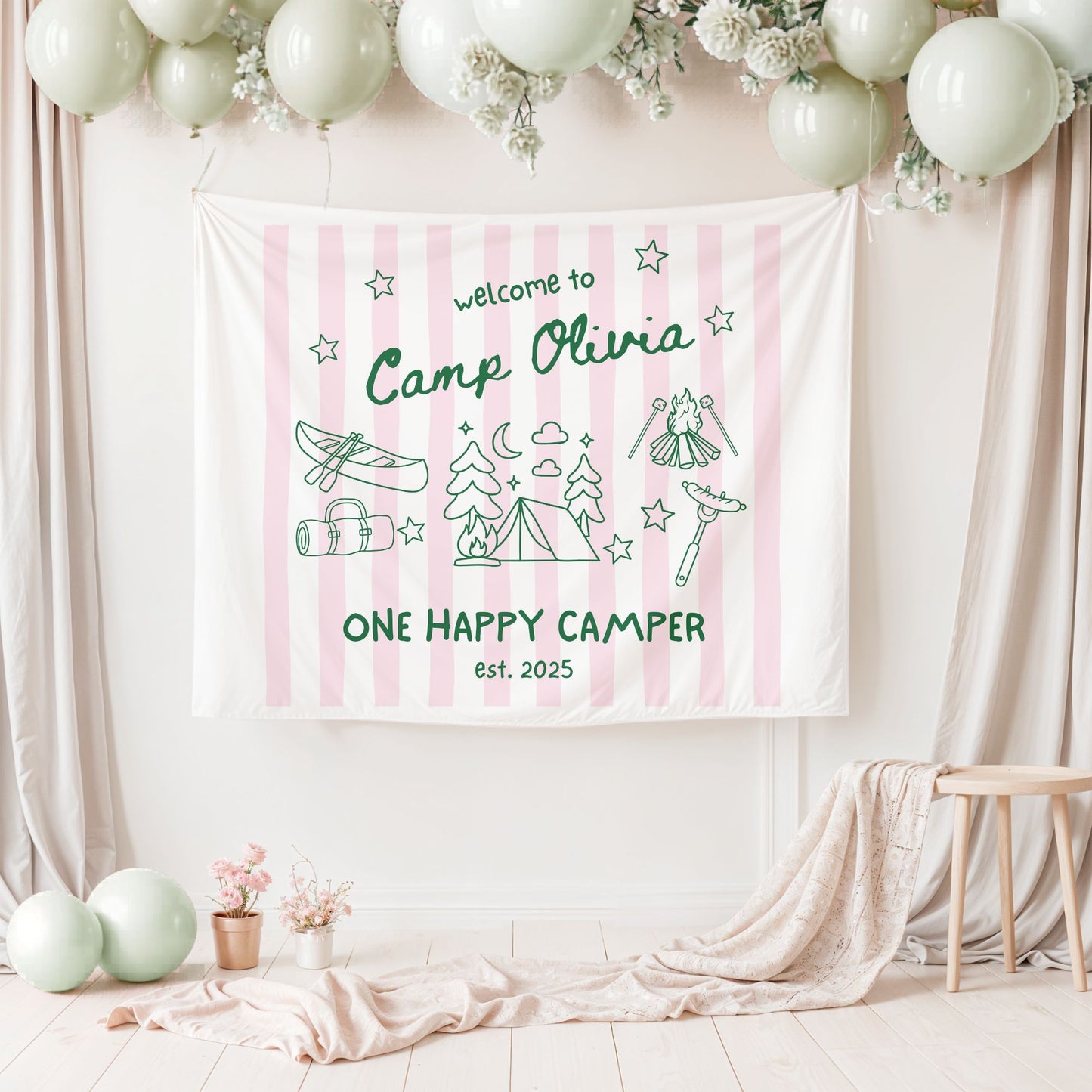 Personalized Pink One Happy Camper Birthday Backdrop