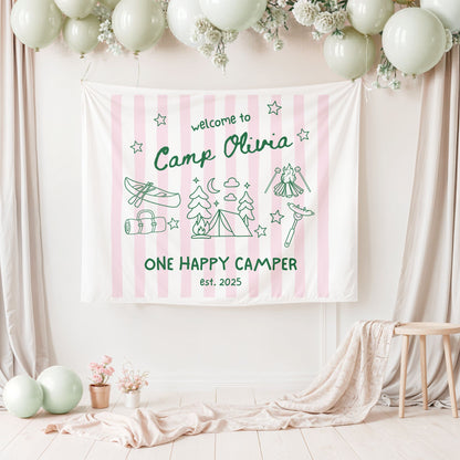 Personalized Pink One Happy Camper Birthday Backdrop
