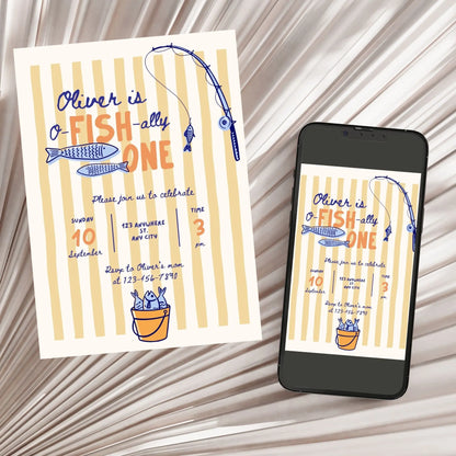 Ofishally One fishing birthday invitation printable with colorful fish and striped design